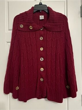 Wine Red Cable-Knit Button-Front Cape
